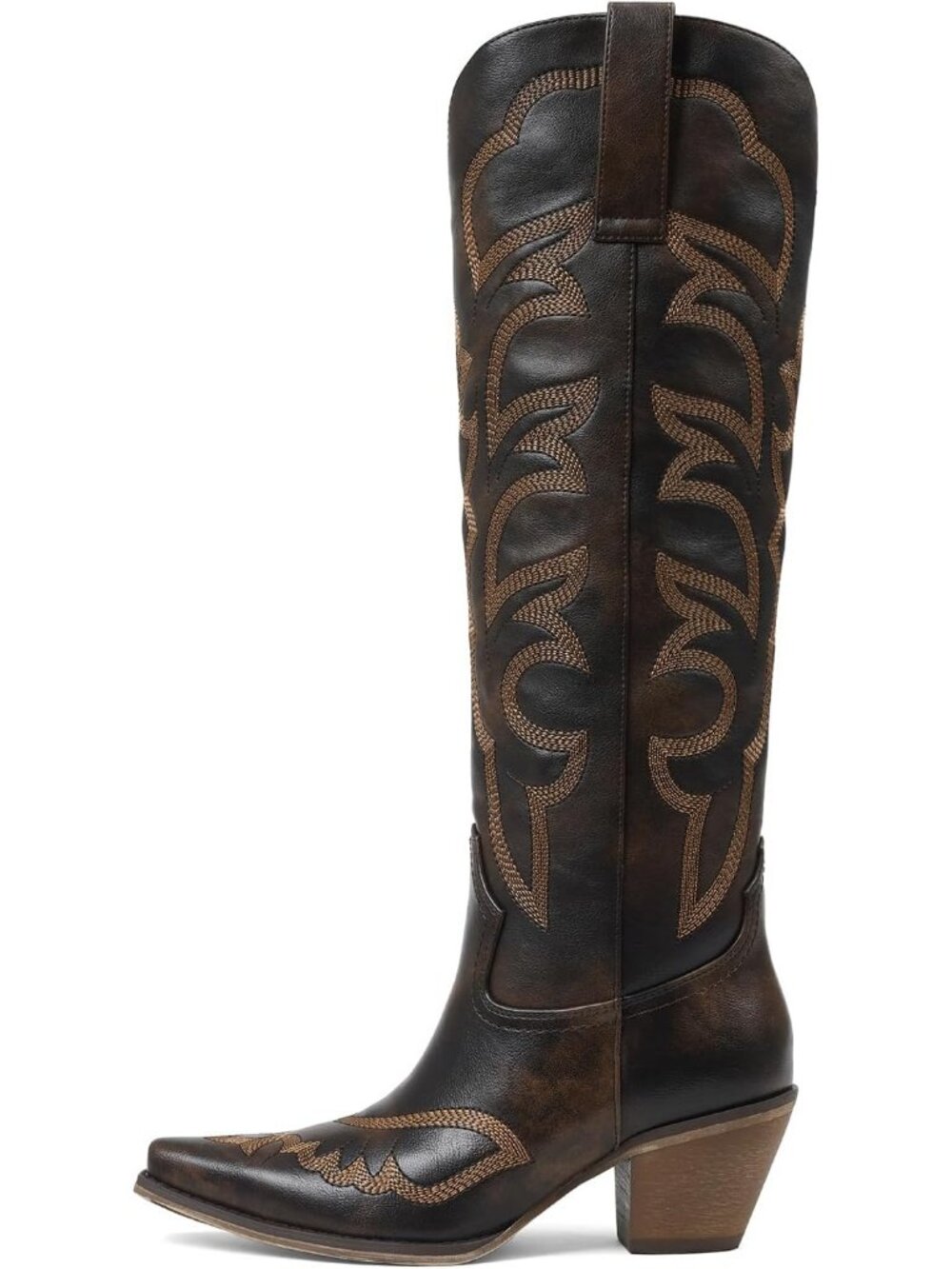 Women's Brown Knee High Western Cowgirl Boots Wide Calf Pointed Toe Embroidered